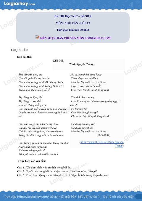 Đề thi học kì 2 Văn 12 Cánh diều - Đề số 8
